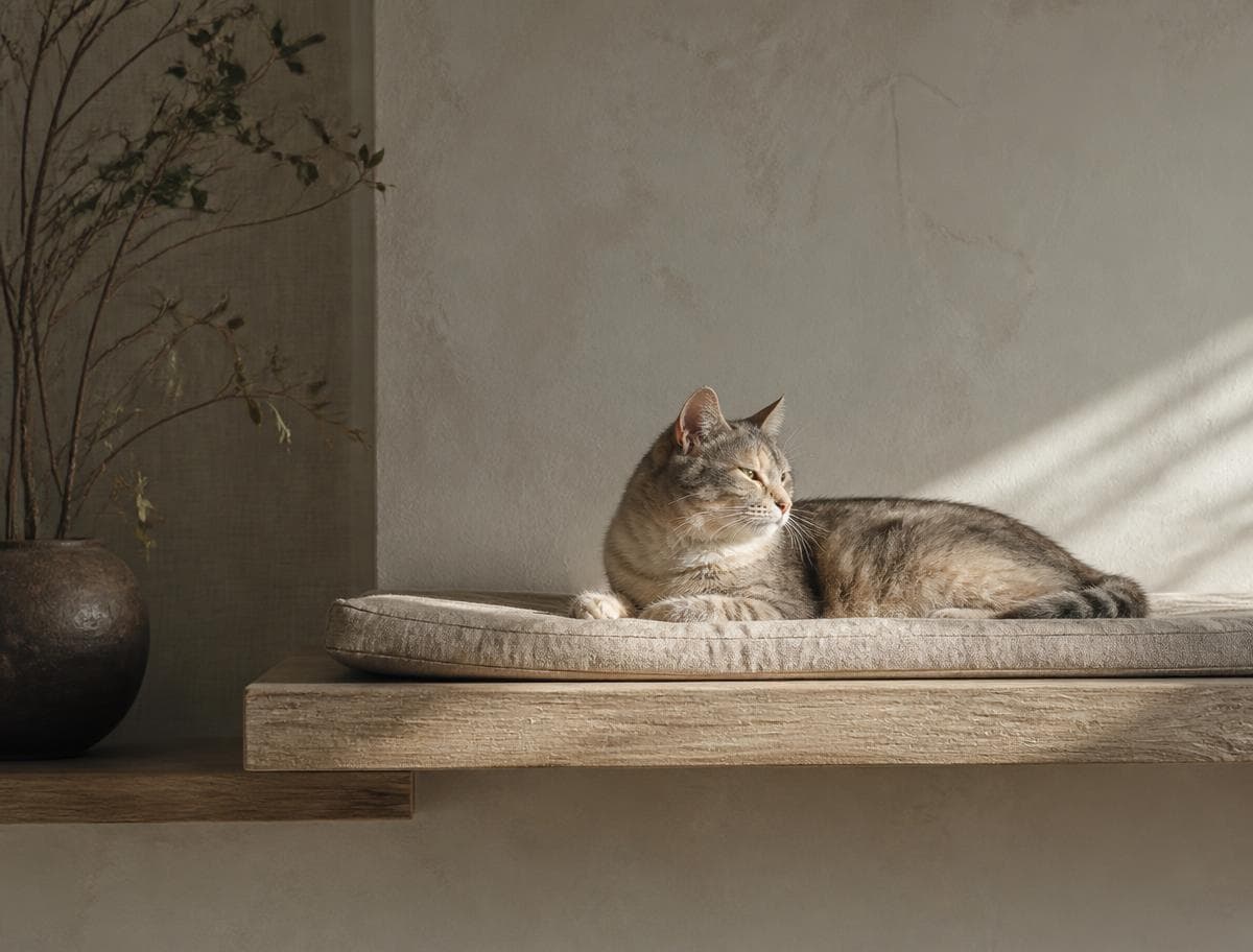 Gato atigrado descansando sobre un cojín junto a una ventana con luz cálida