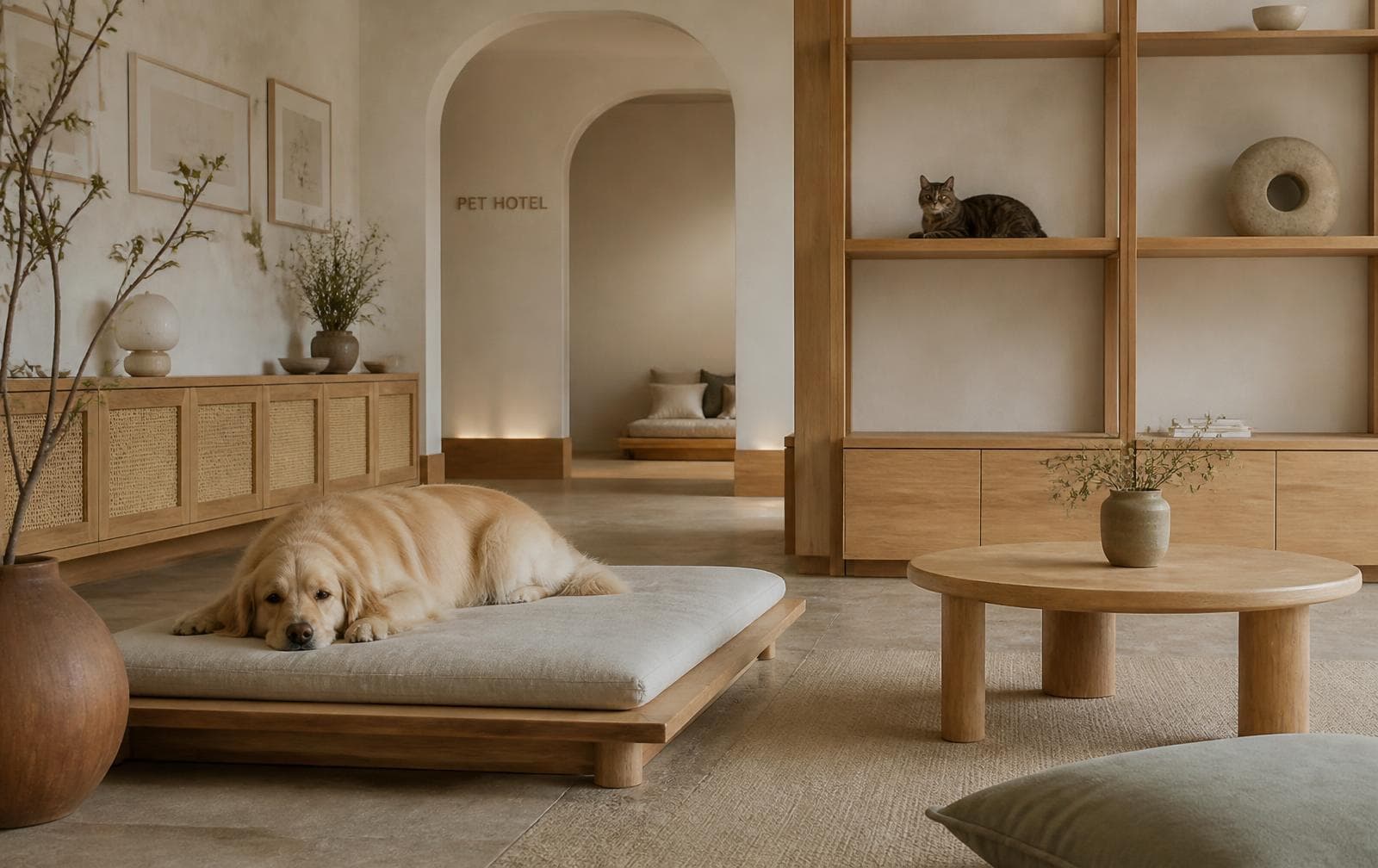 Perro golden retriever descansando en una cama baja de madera, junto a un estante donde un gato observa, en un salón de estilo japandi con el letrero PET HOTEL